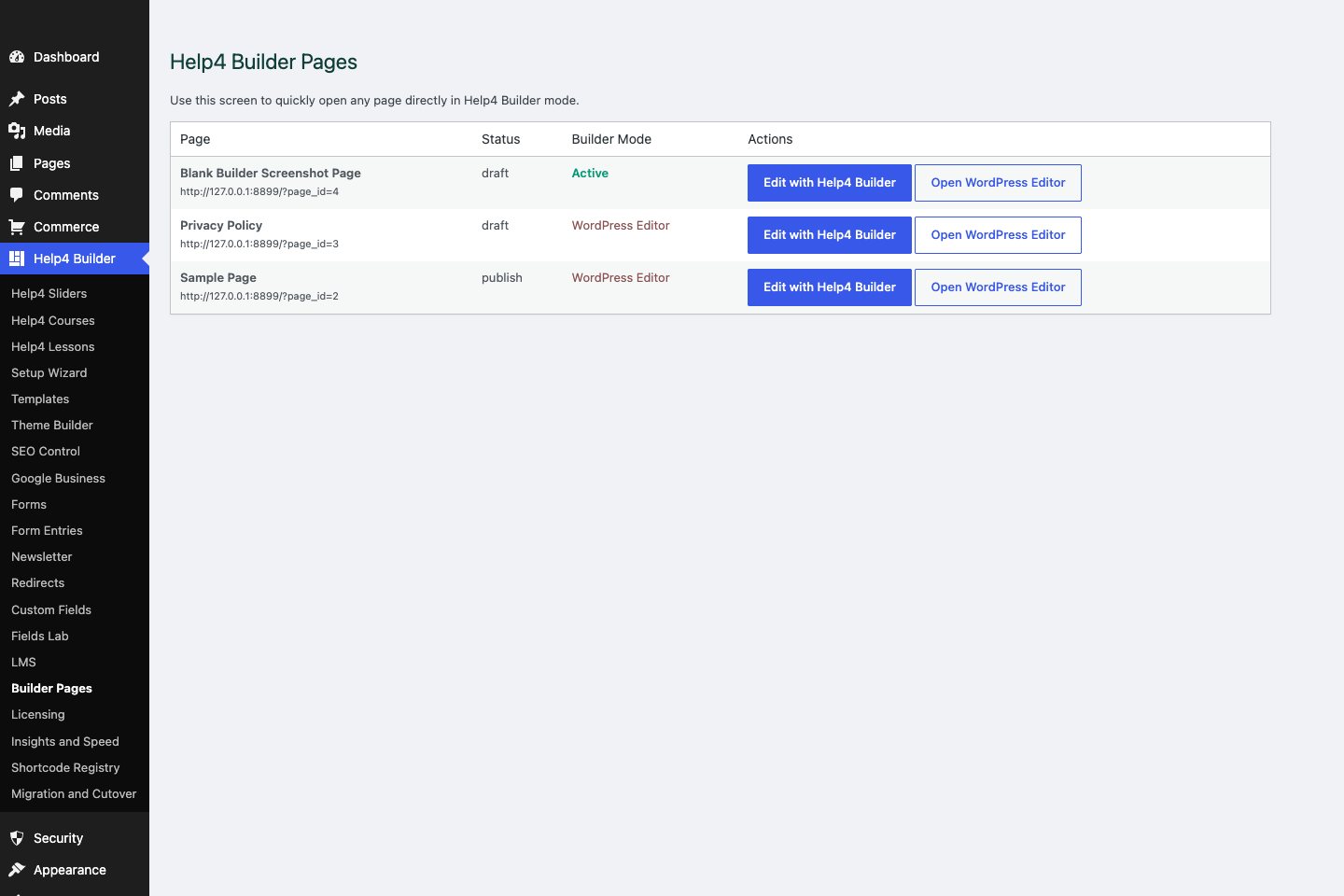 Help4 Builder Pages screen on a blank WordPress install
