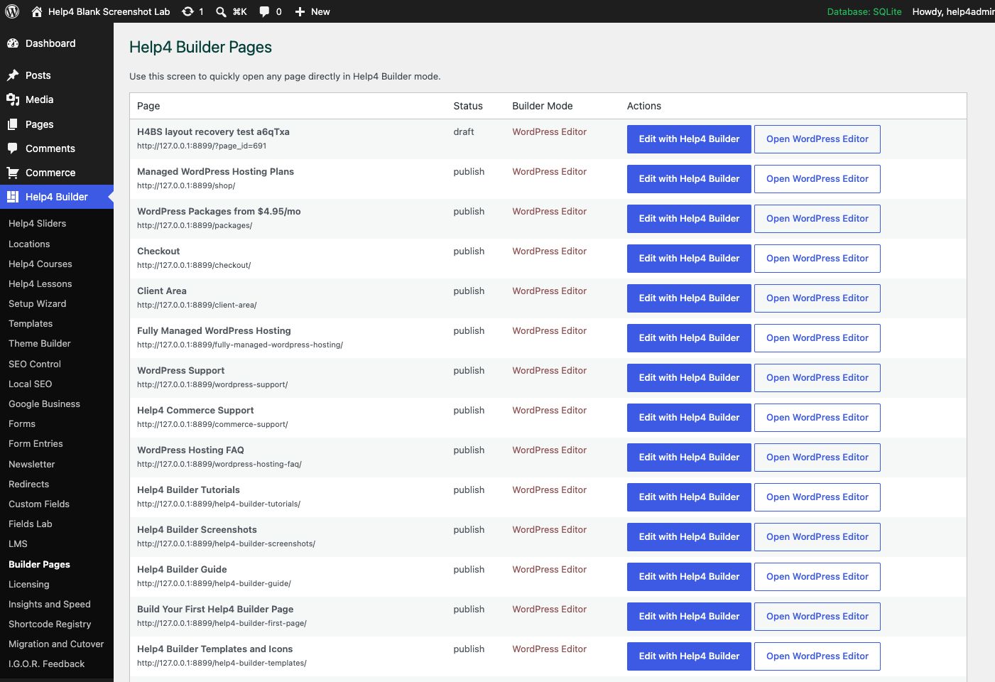 Help4 Builder Pages screen on a clean WordPress install