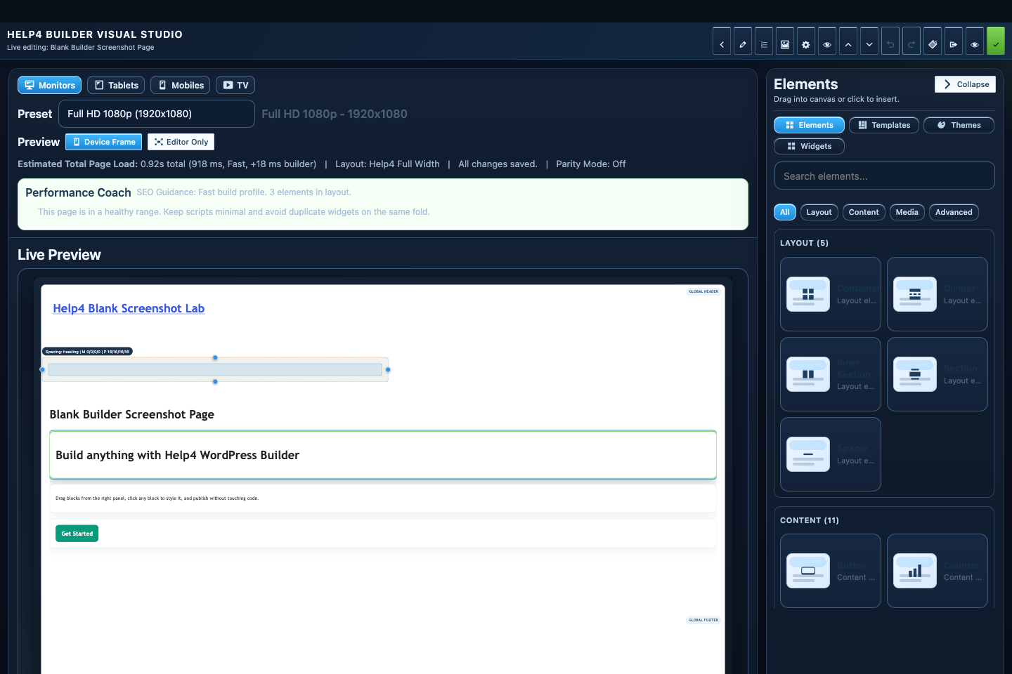Help4 Builder Studio blank page canvas screenshot