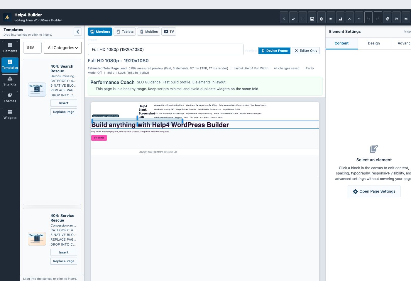 Help4 Builder Studio running with the Help4 Blank WordPress theme