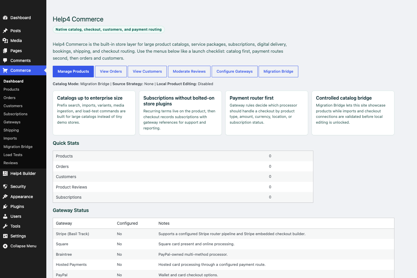 Help4 Commerce dashboard on a blank WordPress install