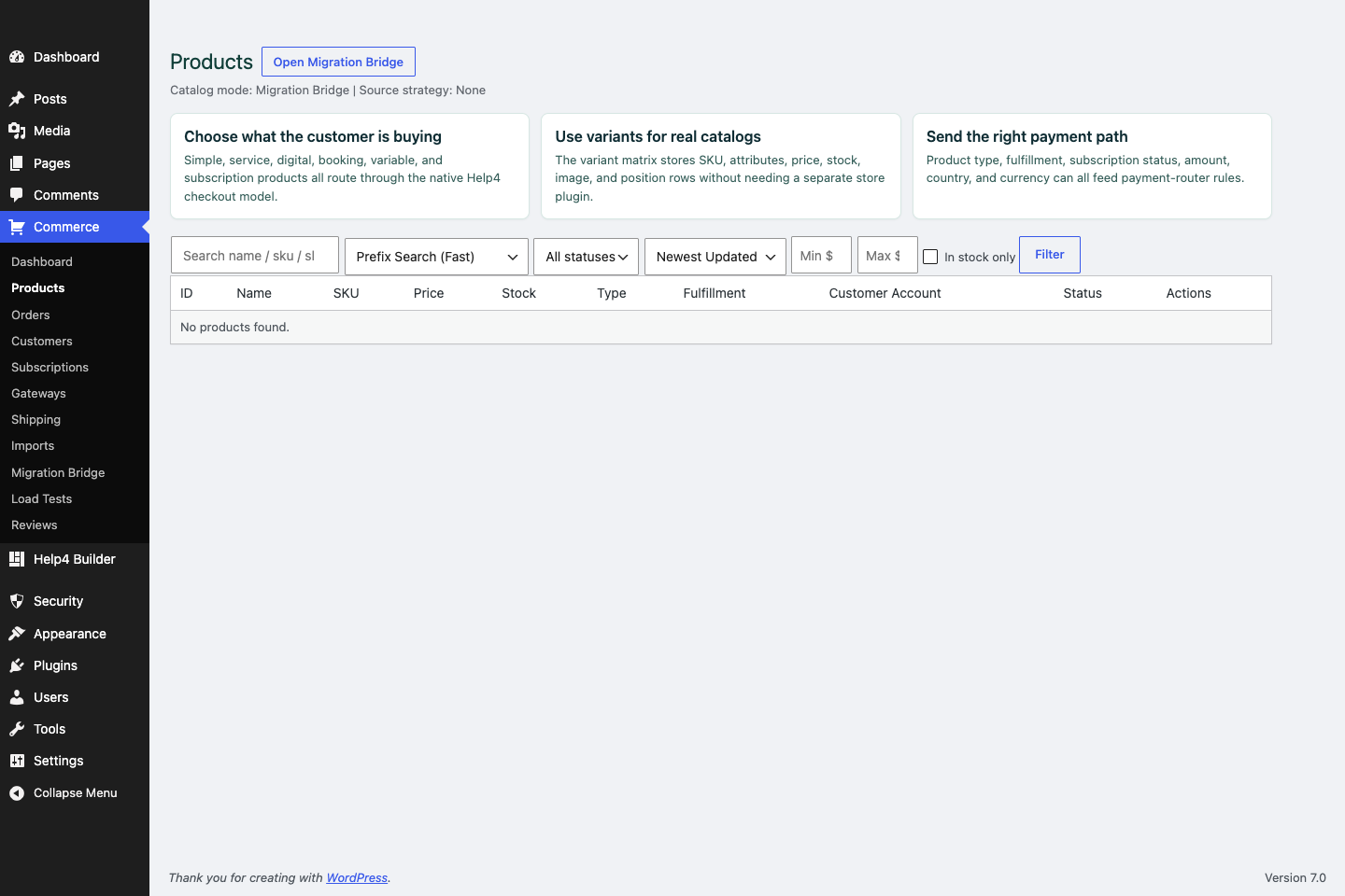 Help4 Commerce products screen on a blank WordPress install