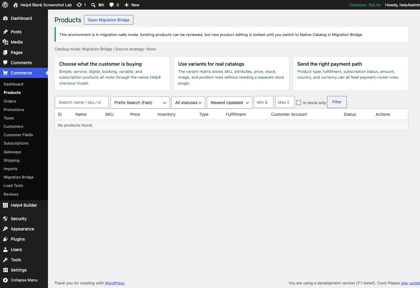 Help4 Commerce products screen on a clean WordPress install