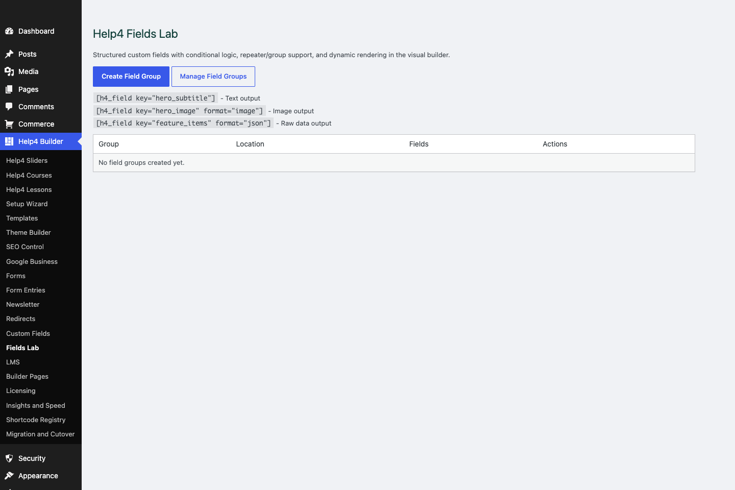Help4 Fields Lab structured fields screen