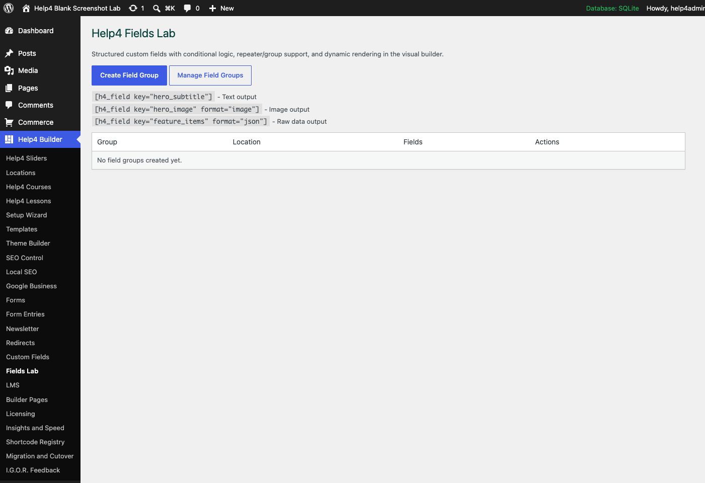 Help4 Fields Lab structured fields screen