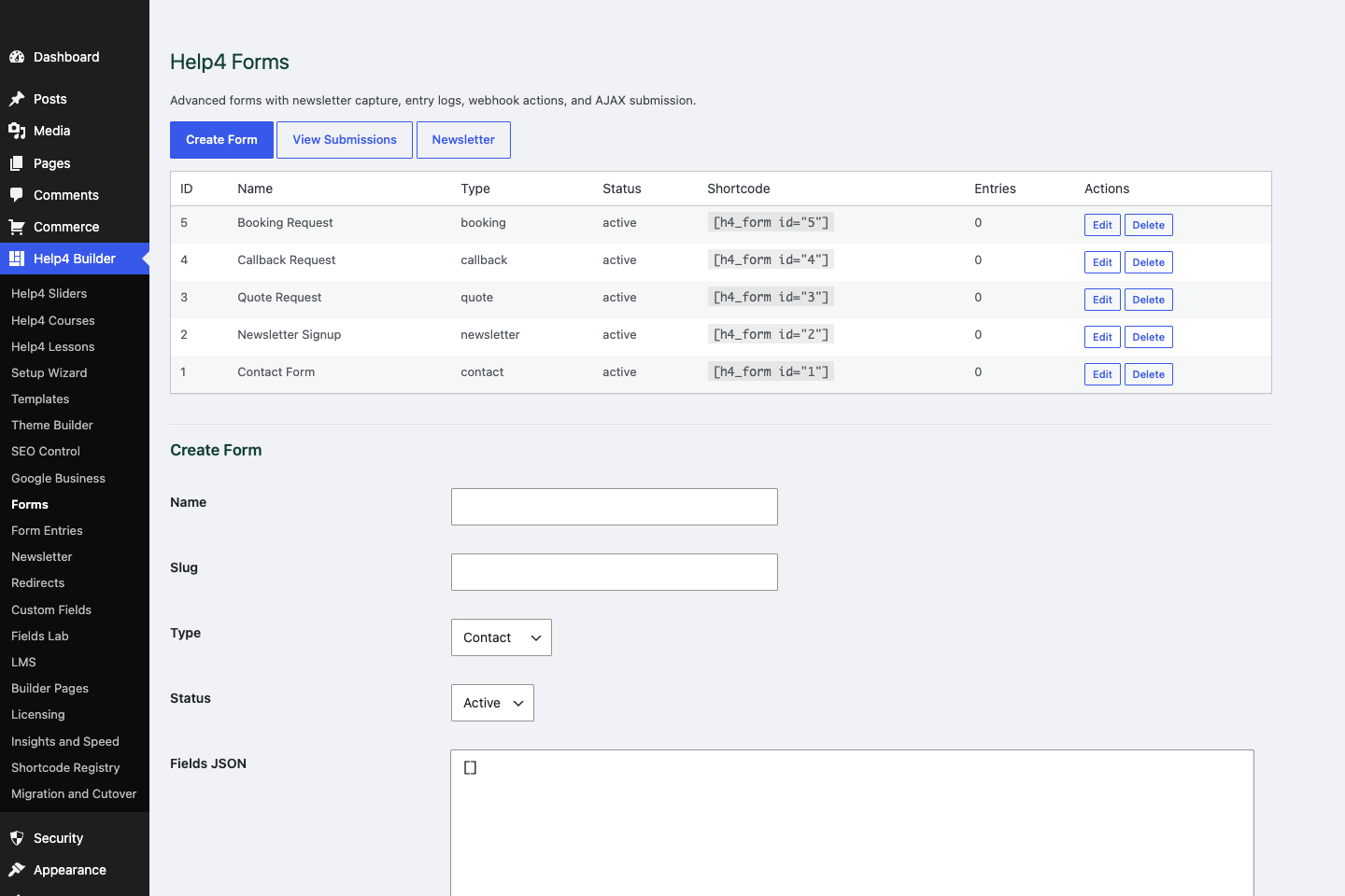 Help4 Forms screen on a blank WordPress install