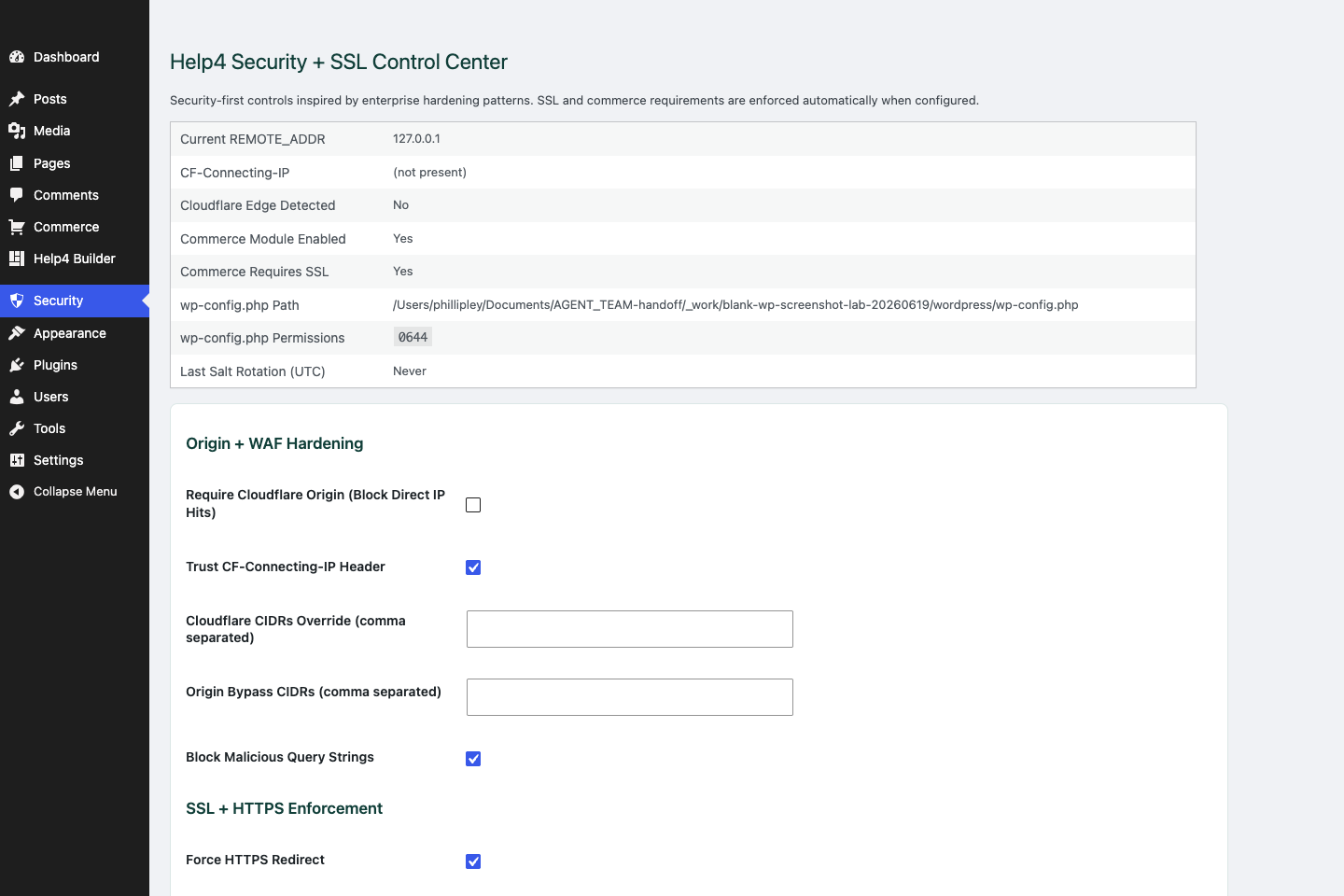 Help4 Security control center on a blank WordPress install