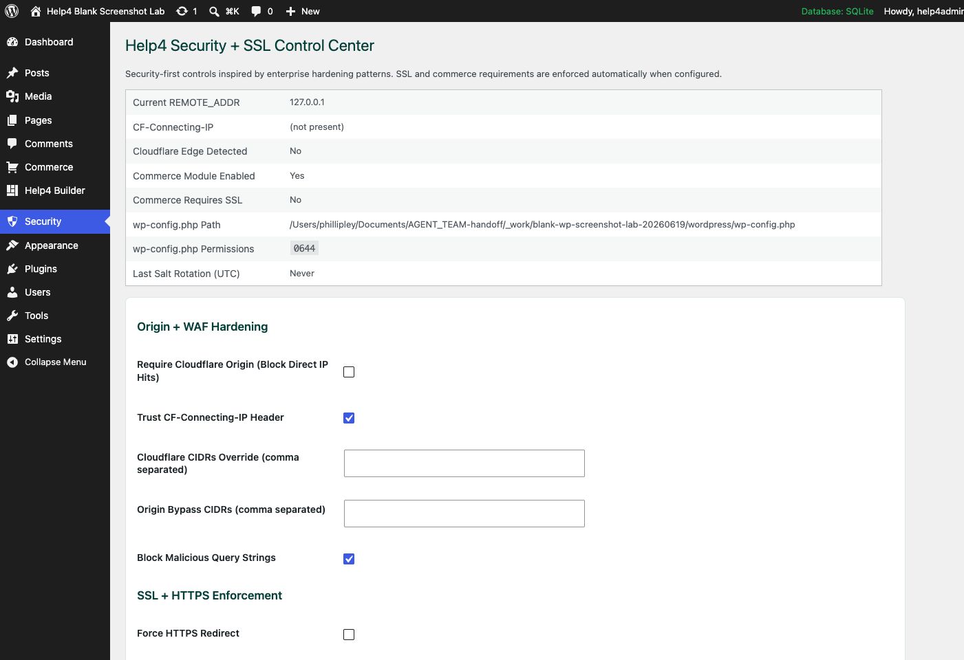 Help4 Security control center on a clean WordPress install