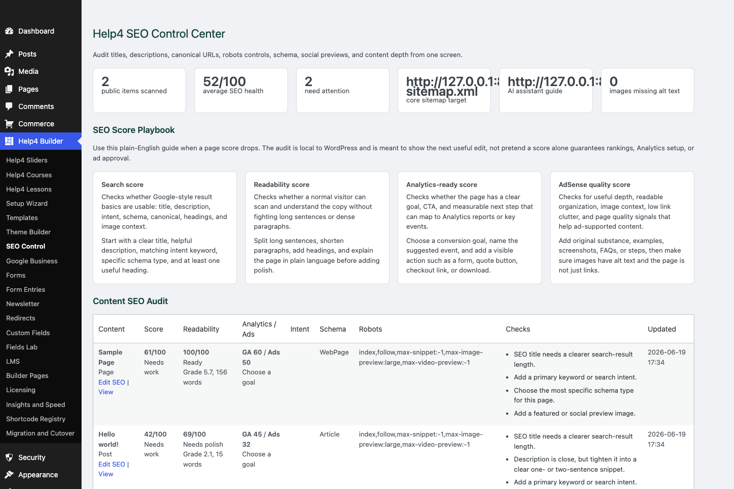 Help4 SEO Control Center on a blank WordPress install