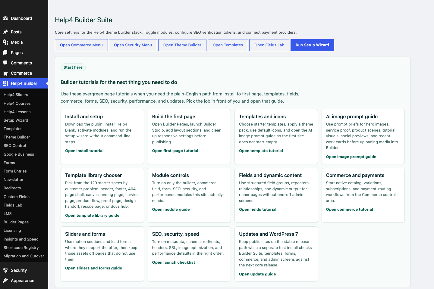 Help4 Builder Suite settings dashboard on a blank WordPress install