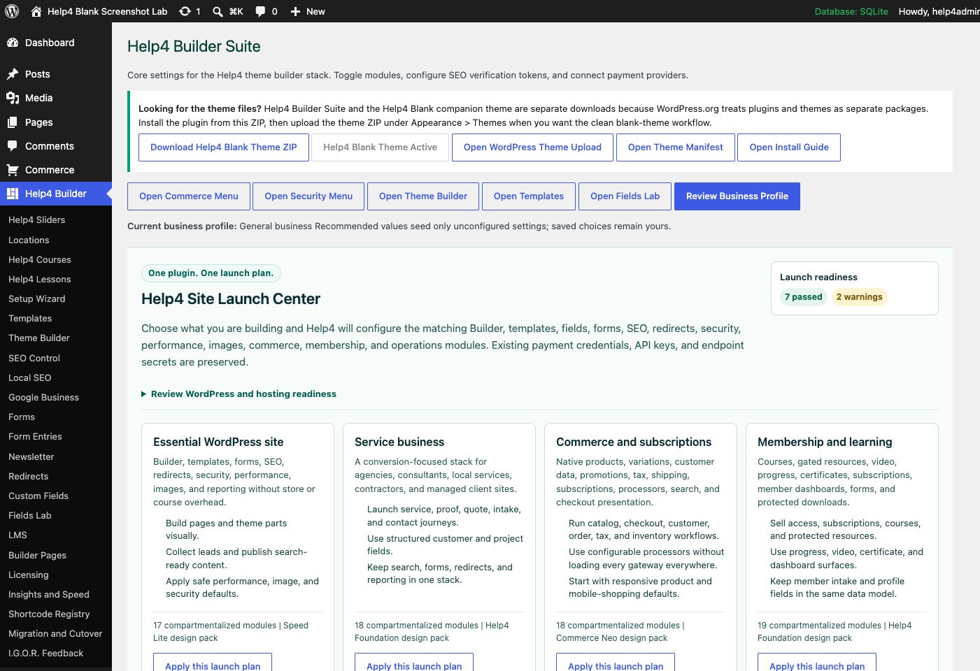 Help4 Builder Suite launch center on a clean WordPress install