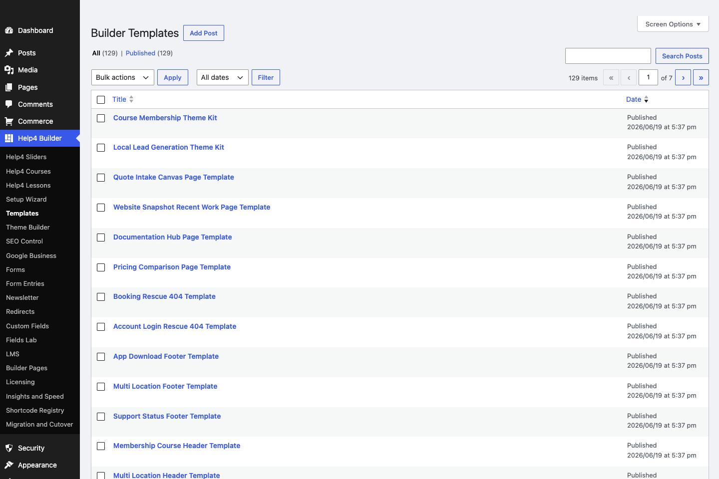 Help4 Builder template library on a blank WordPress install