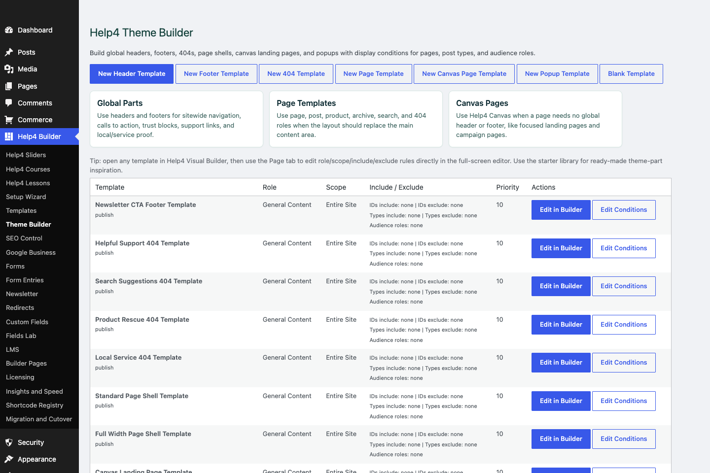 Help4 Theme Builder headers footers and page templates screen