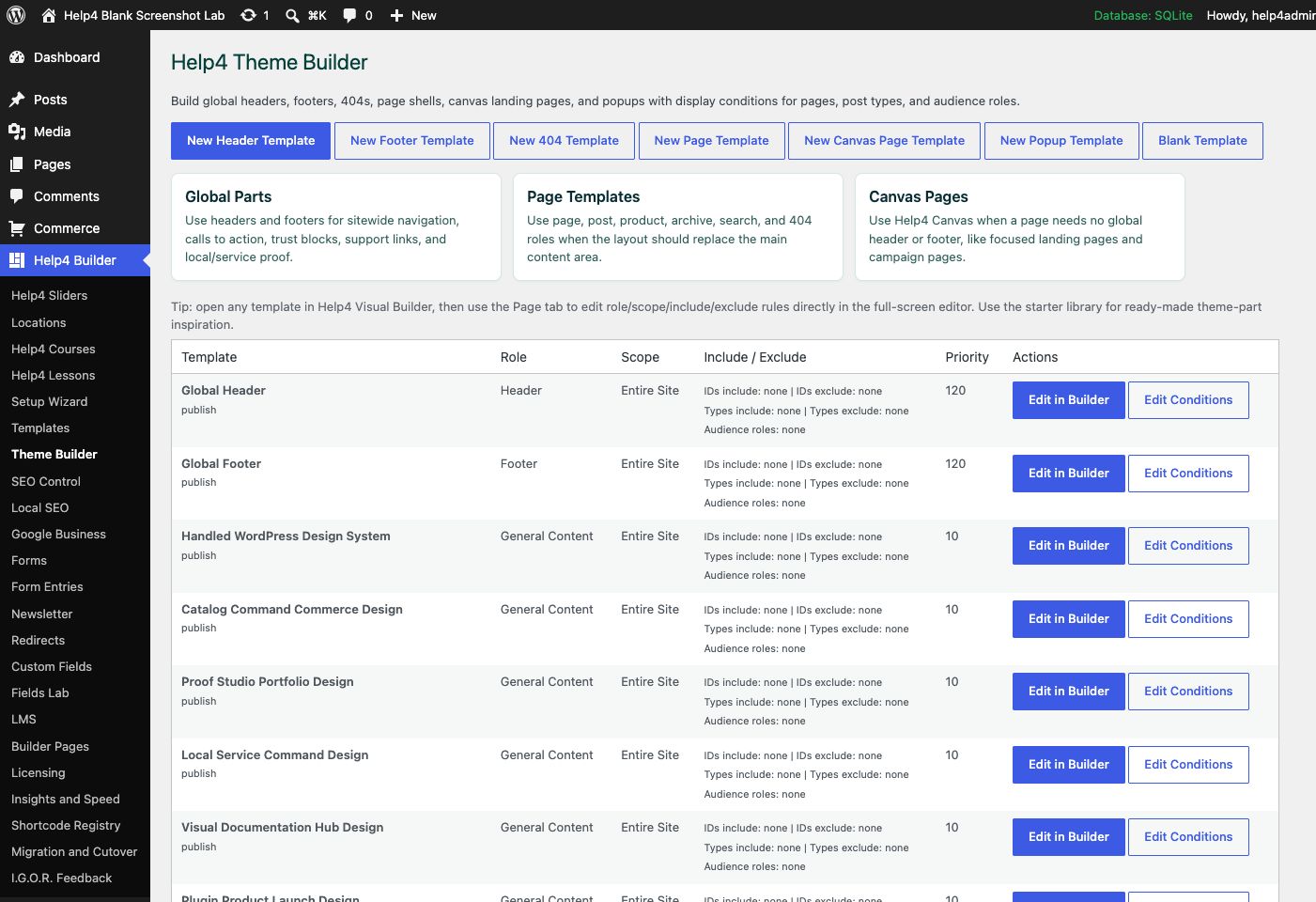 Help4 Theme Builder headers footers and page templates screen