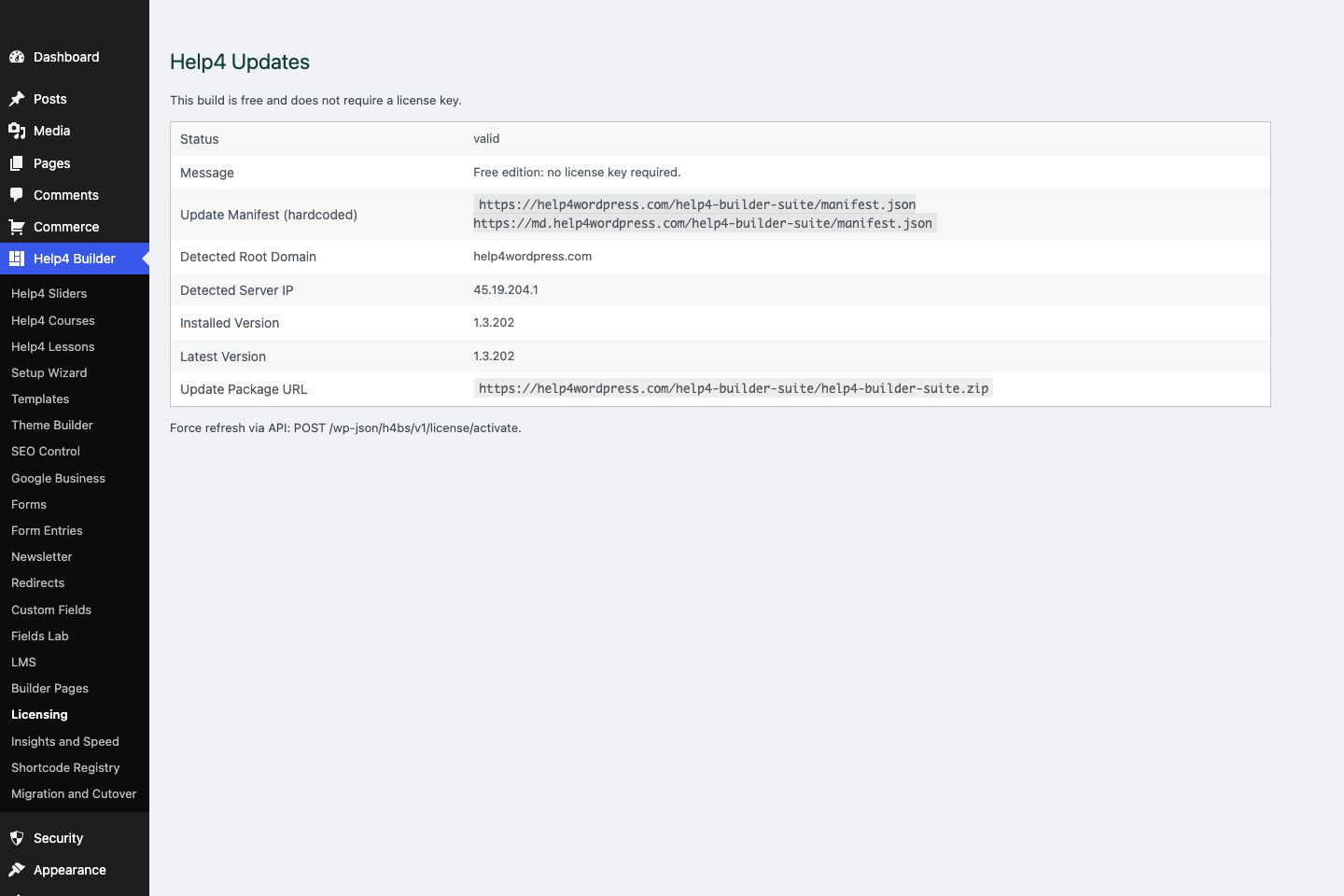 Help4 Updates screen on a blank WordPress install