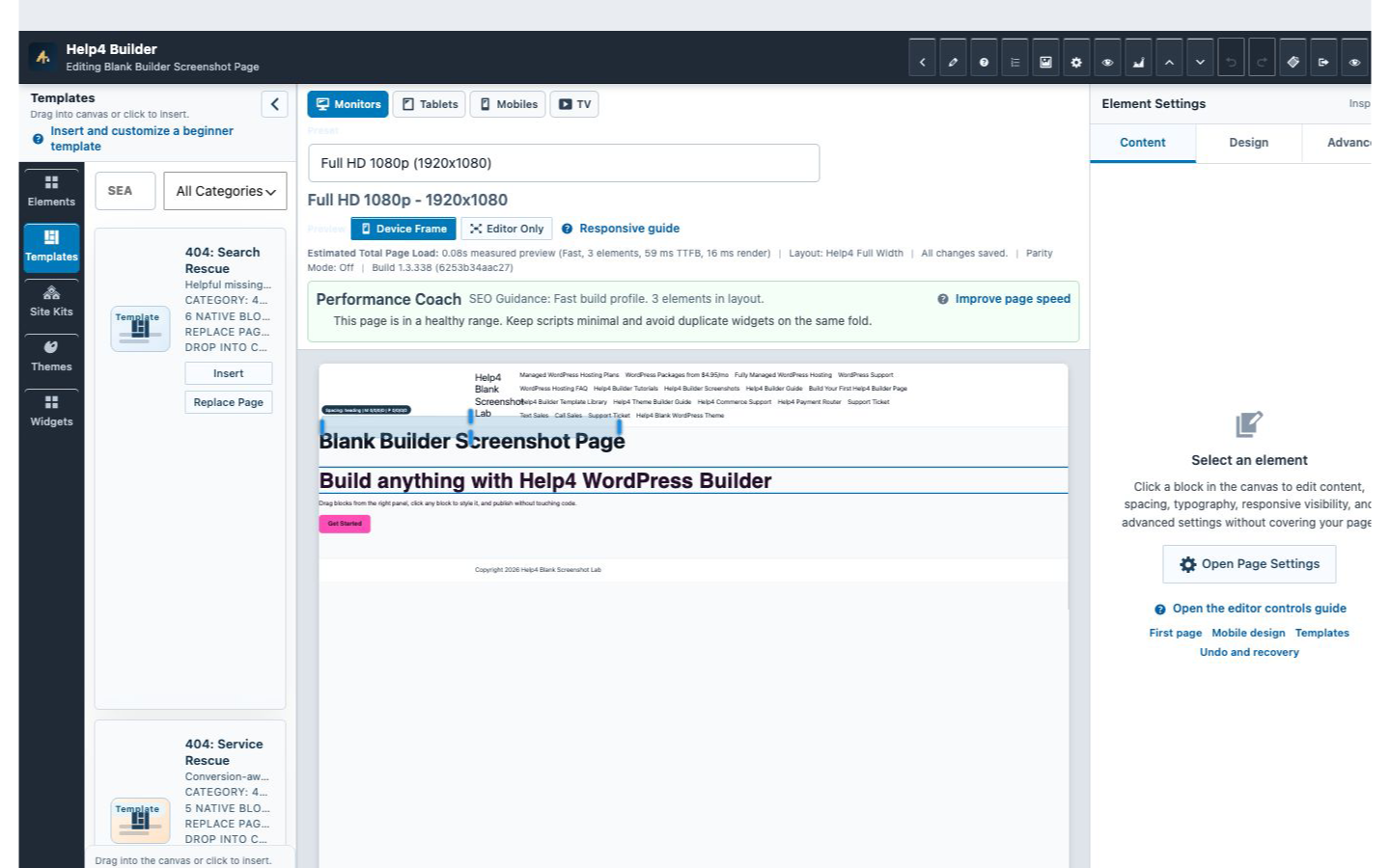Help4 Builder Studio showing the beginner template library and live preview