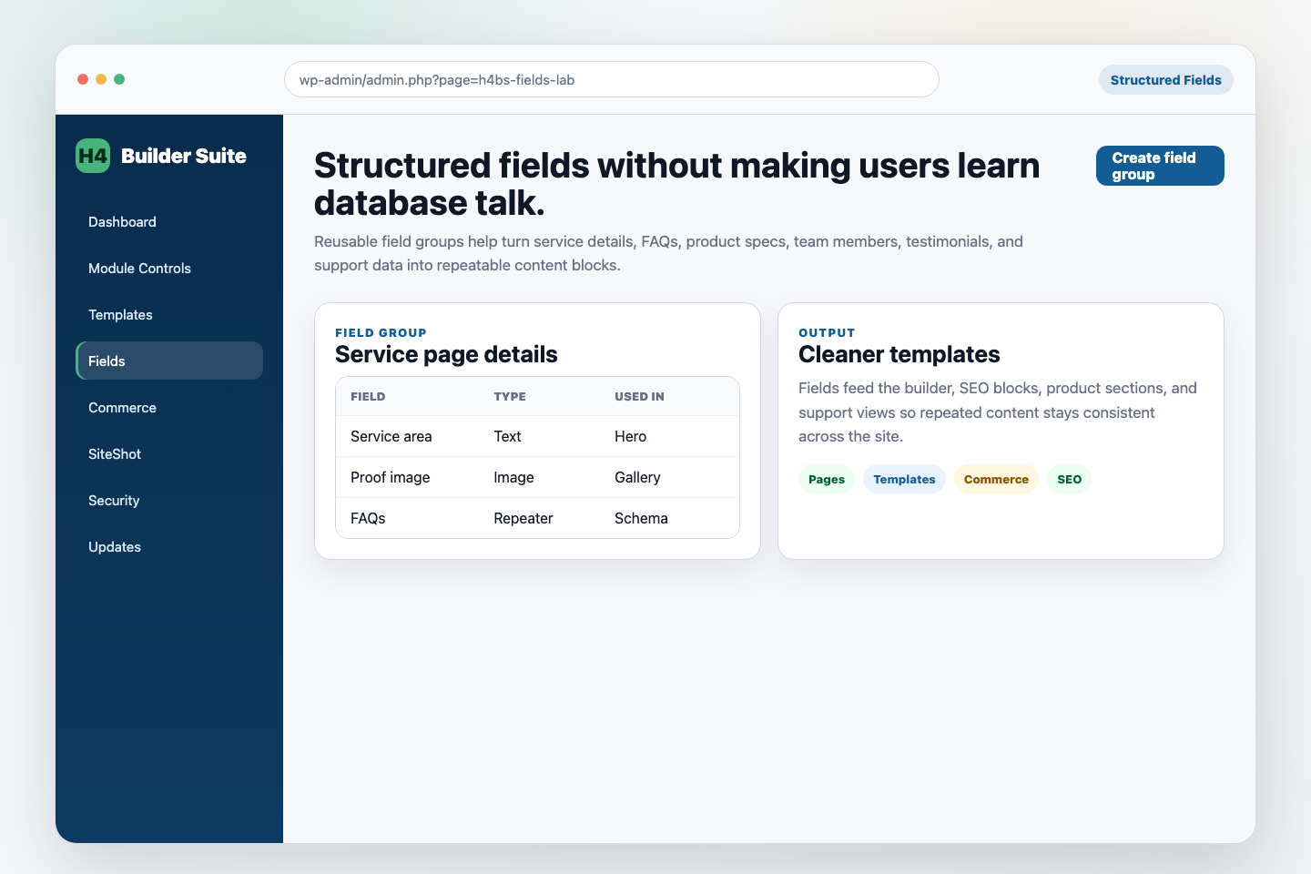 Help4 Builder Suite structured fields default screen