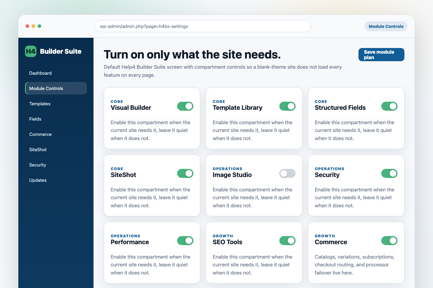 Help4 Builder Suite module controls default screen