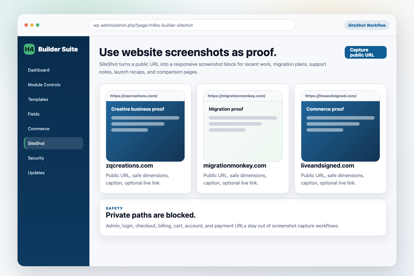 Help4 Builder Suite SiteShot workflow default screen