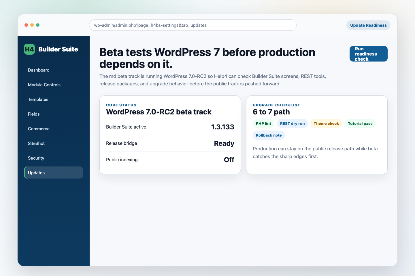 Help4 Builder Suite WordPress 7 update readiness screen