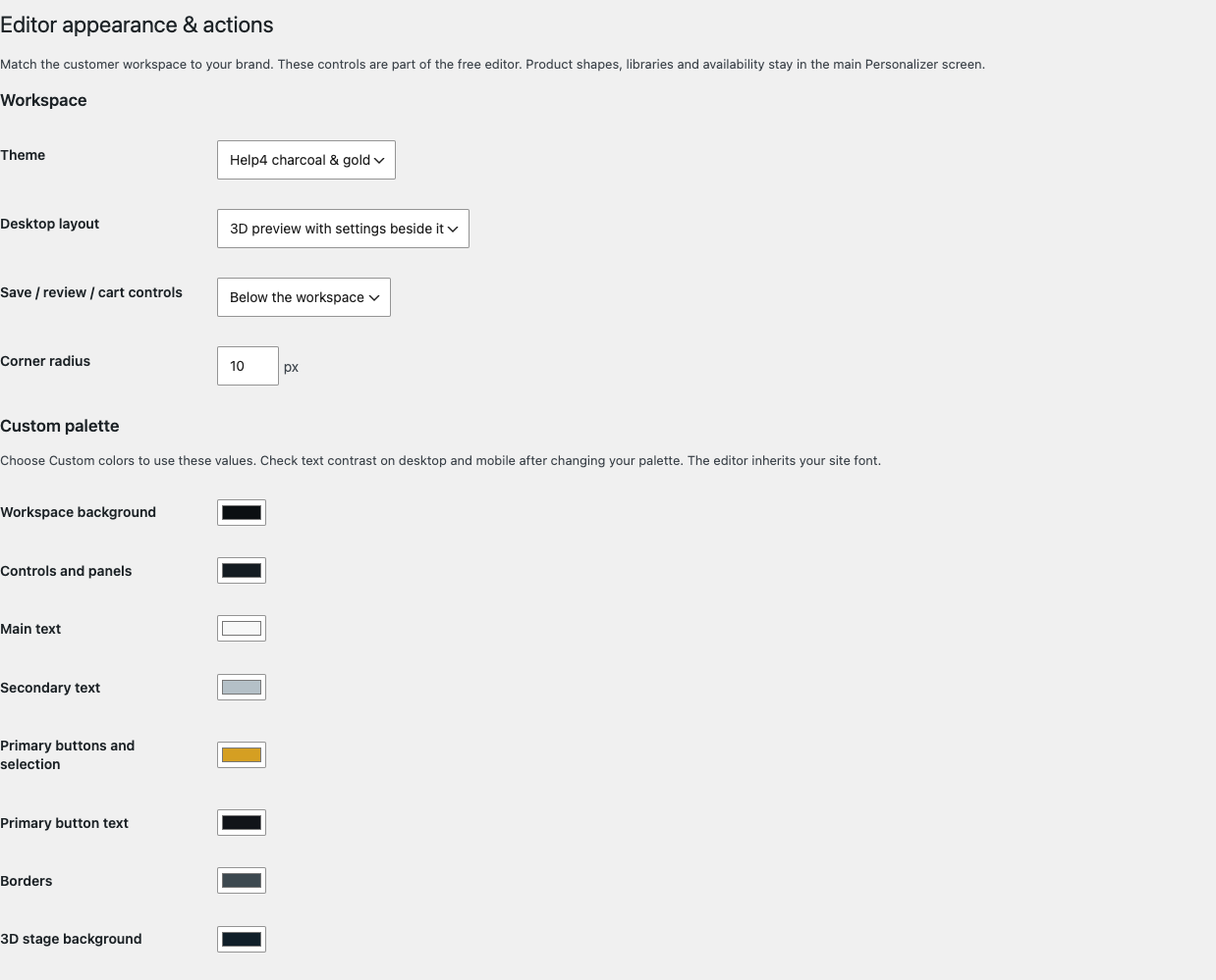 The merchant Editor appearance settings for the Personalizer theme, workspace layout and custom palette.