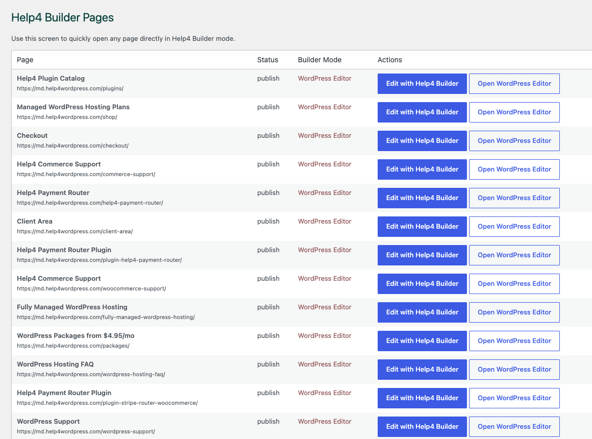 Help4 Builder pages screen