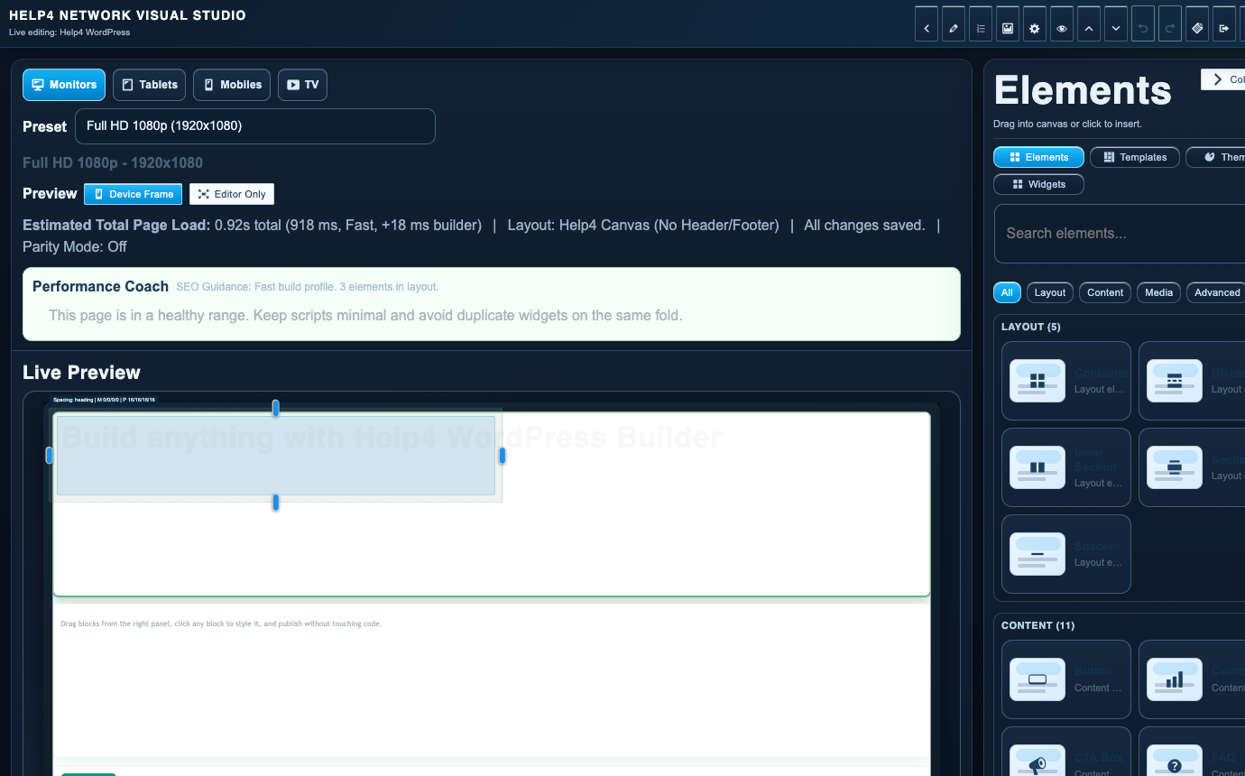 Help4 Builder Studio default canvas
