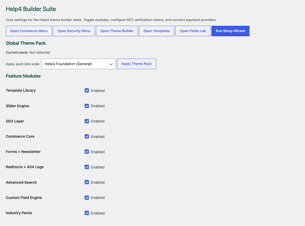 Help4 Builder Suite settings dashboard